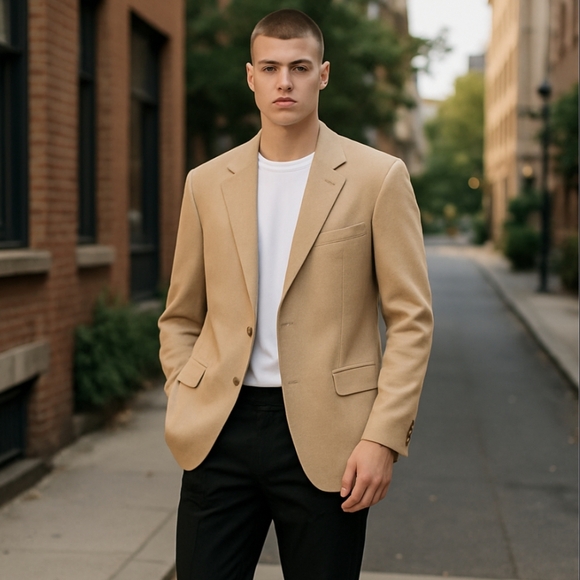 Roundtree & Yorke 100% camel hair neutral oatmeal classic sports coat sz 46L - Picture 1 of 9